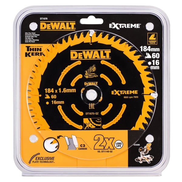 DEWALT DT1670-QZ pyörösahanterä 184 x 16 mm 60-hampainen ELITE, 1 kpl