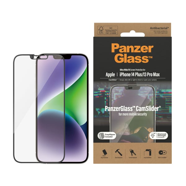 PanzerGlass CamSlider - Skjermbeskyttelse for mobiltelefon - omslagskompatibel - glass - rammefarge svart - for Apple iPhone 13 Pro Max, 14 Plus