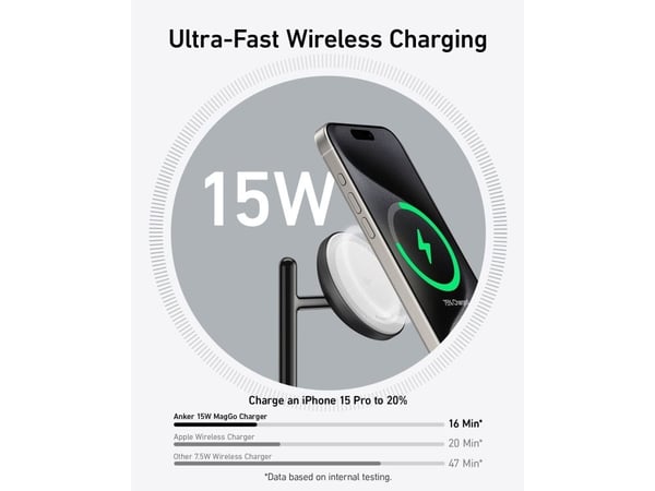 Anker MagGo - Trådlös laddningsplatta - 3-i-1 + växelströmsadapter - 25 Watt - 3 utdatakontakter (trådlös laddning) - svart
