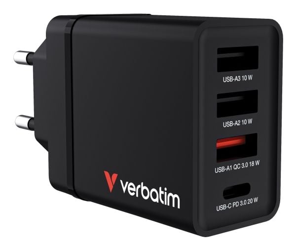 Verbatim - Strømadapter - 30 watt - 5 A - PD 3.0, QC 3.0 - 4 utgangskontakter (USB-C, 3 x USB-type A) - svart - Europa