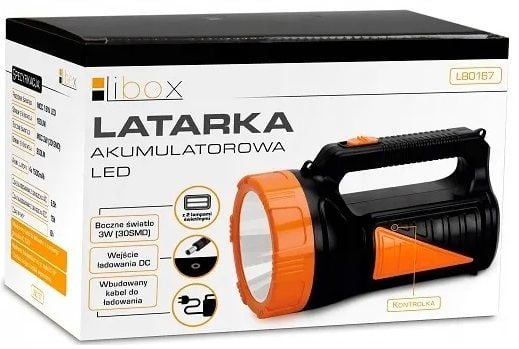 Libox Latarka akumulatorowa szperacz LB0167, Käsikokoinen taskulamppu, Musta, Oranssi, Muovi, Painikkeet, LED, 1,6 W