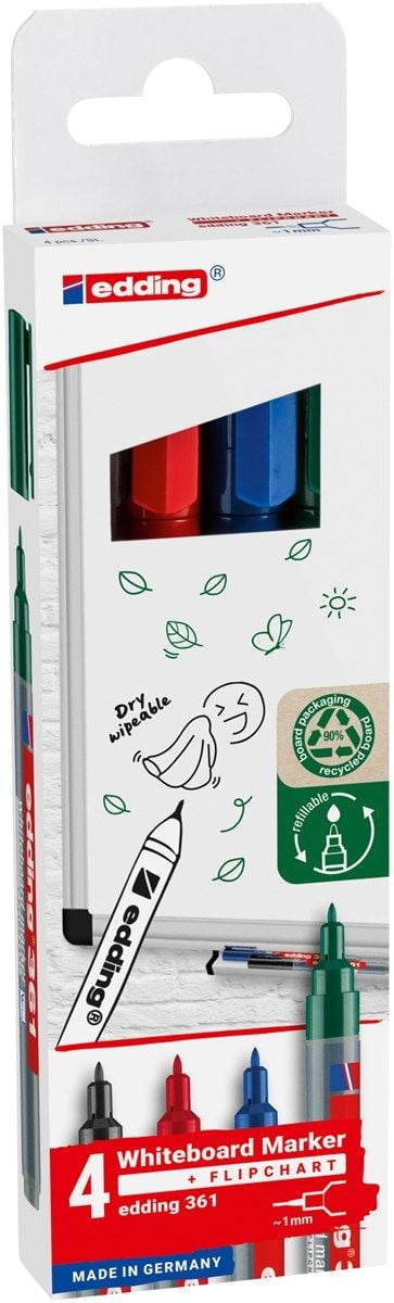 Edding 361 Whiteboard, 4 styck, Svart, Blå, Grön, Röd, Rundad spets, Plast, Rund, 1 mm