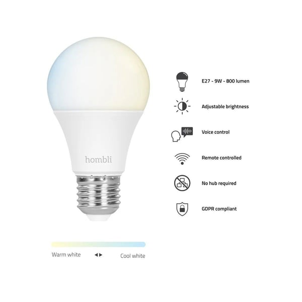Hombli HBPP-0102, Smartpære, Flerfarget, Hvit, E27, Pæreformet, Multi, Hvit, 800 lm