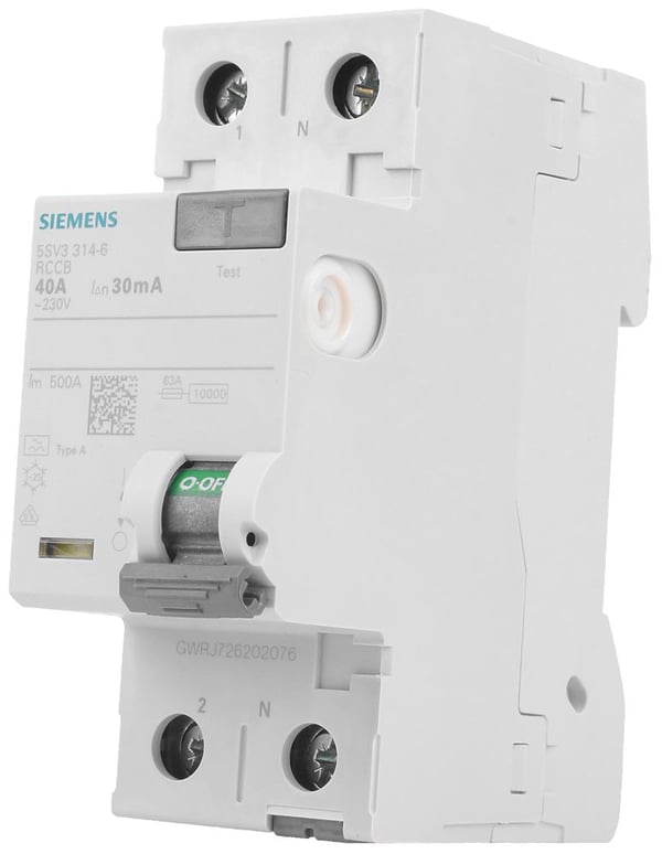 SIEMENS vikavirtasuojakatkaisija tyyppi A 40A 1 napa + nolla 30mA laukaisuvirta 230V 2 moduulin leveys