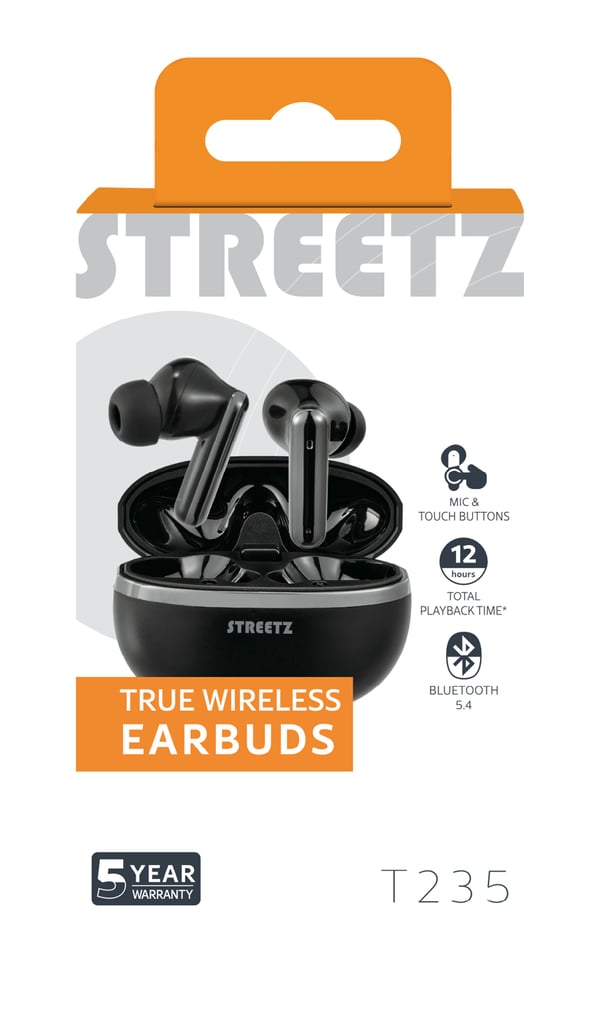 Streetz T235 TWS earphones black, True Wireless Stereo (TWS), Samtaler/musikk, 20 - 20000 Hz, 40 g, Hodesett, Svart