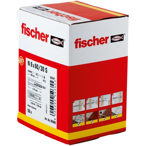 Fischer 50355, Ruuvi- ja seinätulppasarja, Tiili, Betoni, Tähtiruuvimeisseli, PZ2, 60 mm, 6 mm