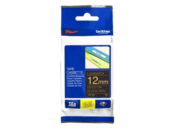Brother TZe-334 - Standardlim - guld på svart - Rulle (1,2 cm x 8 m) 1 kassett(er) bandlaminat - för Brother PT-D210, D600, H110; P-Touch PT-1005, ...