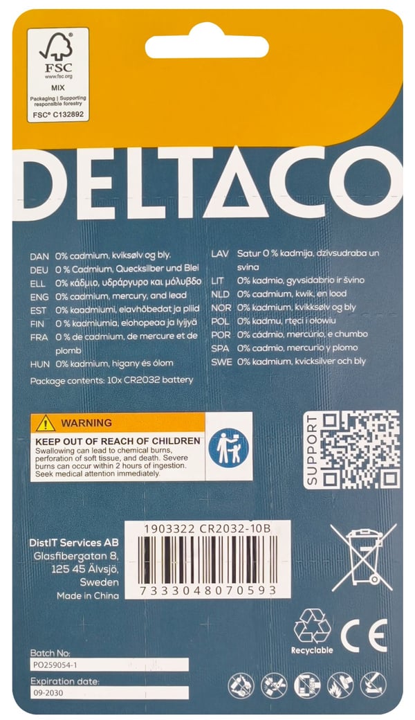 DELTACO - Batteri 10 x CR2032 - Li - 240 mAh