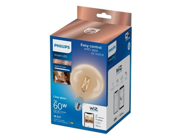 Philips Älykäs LED-filamenttilamppu G125, E27-kanta, 806 lm, Älylamppu, Wi-Fi/Bluetooth, Läpinäkyvä, Wi-Fi 4 (802.11n), 802.11b, 802.11g, LED, E27