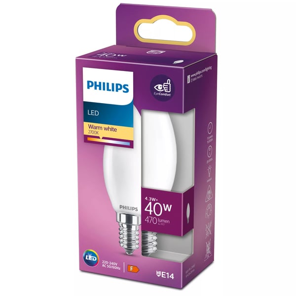 Philips - LED-glödlampa - form: B35 - glaserad finish - E14 - 4.3 W (motsvarande 40 W) - klass F - varmt vitt ljus - 2700 K