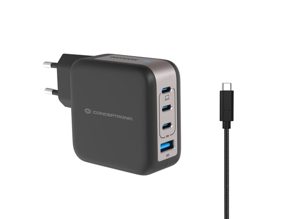 Conceptronic - Strømadapter - GaN - 100 watt - 5 A - QC 3.0, Power Delivery 3.0 + PPS - 4 utgangskontakter (3 x USB-C, USB) - på kabel: USB-C - svart