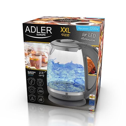 Adler AD 1286, 2 l, 2200 W, Grå, Transparent, Glas, Vattennivå indikator