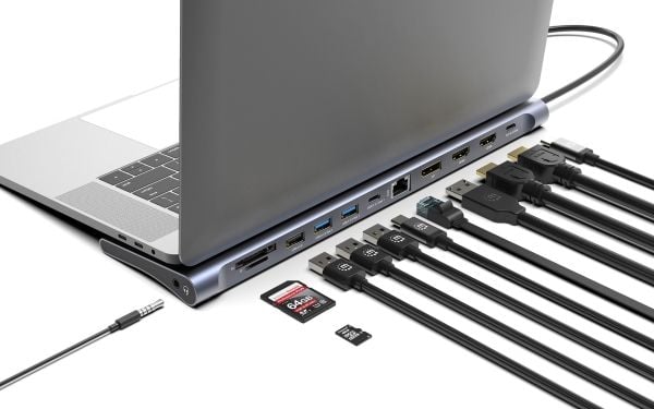 Manhattan 190305, Koblet med ledninger (ikke trådløs), USB 3.2 Gen 1 (3.1 Gen 1) Type-C, 100 W, 10,100,1000 Mbit/s, Sølv, MicroSD (TransFlash), SD