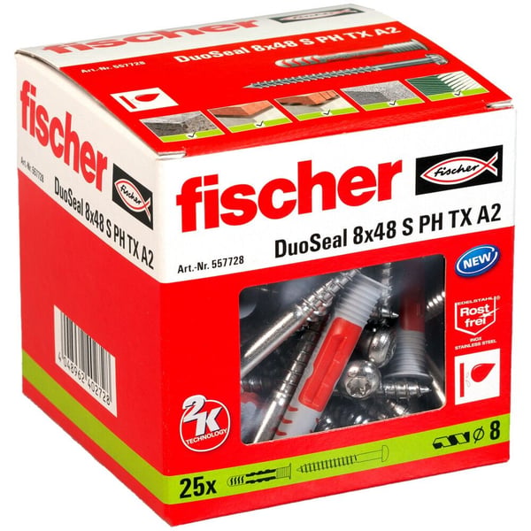 Fischer DuoSeal 8 x 48 S PH TX A2, Ekspansjonsanker, Murstein, Betong, Gipsblokk, Gipsfiberplate, Gipsplater, Nylon, Rød, Sølv, TX30, ETAG 022, DIN...