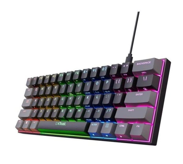 Trust GXT 867 Acira, Koblet med ledninger (ikke trådløs), USB, Mekanisk nøkkelbryter, QWERTY, RGB LED, Sort, Grå