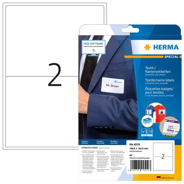 HERMA Special Name/textile - Acetatsilke - fjernbart selv-adhesiv - hvit - 199.6 x 143.5 mm 40 etikett(er) (20 ark x 2) merkelapper