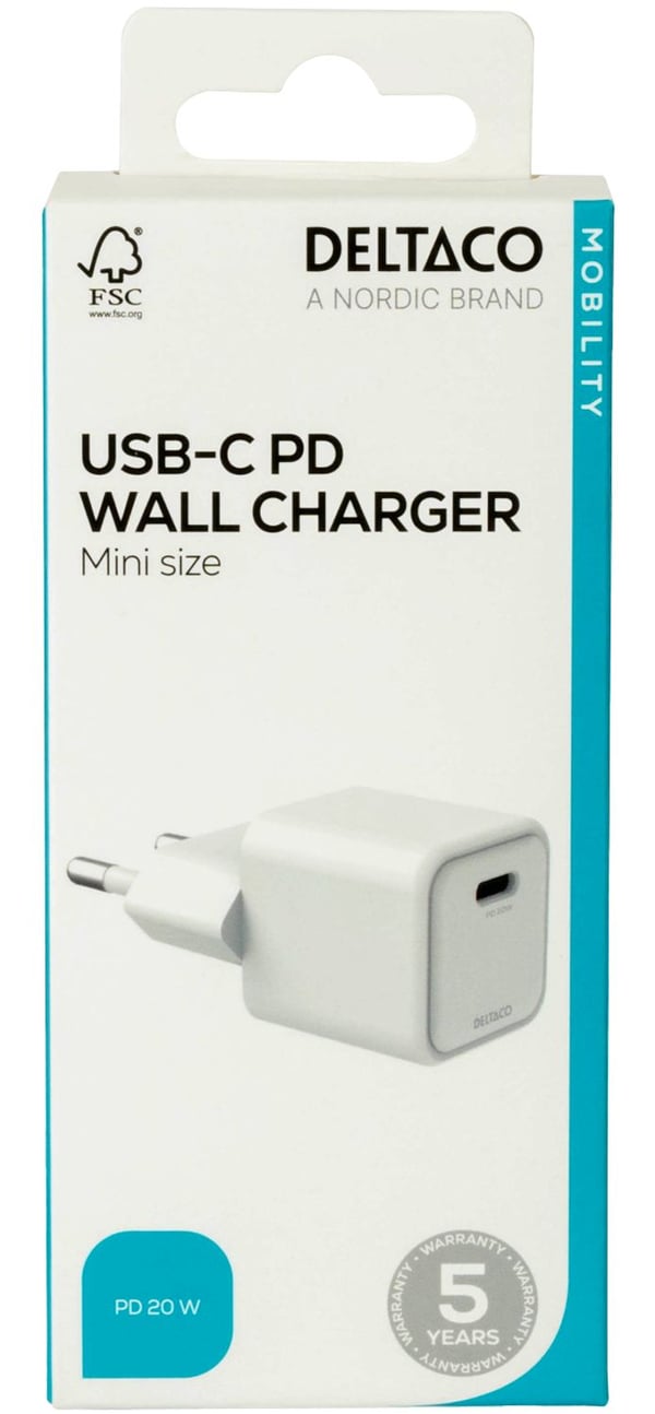 Deltaco USB-C mini-lader sieniinis ikroviklis 1x USB-C, PD 20 W, hvit / USBC-AC150