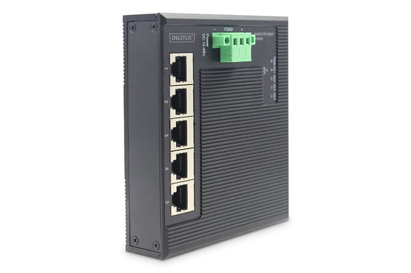 DIGITUS Industrial Gigabit Flat Switch - Utvidet temperaturområde - switch - 5 x 10/100/1000 - DIN-skinnemonterbar, veggmonterbar - DC-strøm