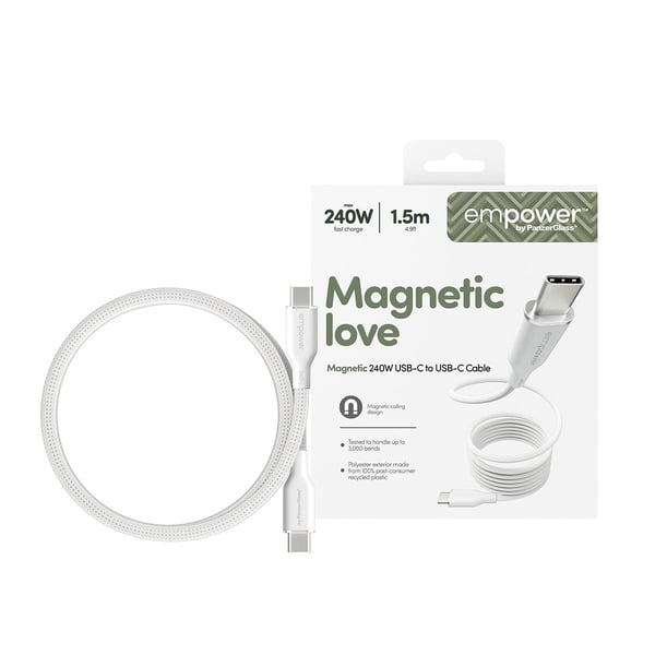 empower by PanzerGlass Magnetic 240 W USB-C–USB-C-kaapeli | USB 2.0 | 1,5 m | hopeanvalkoinen