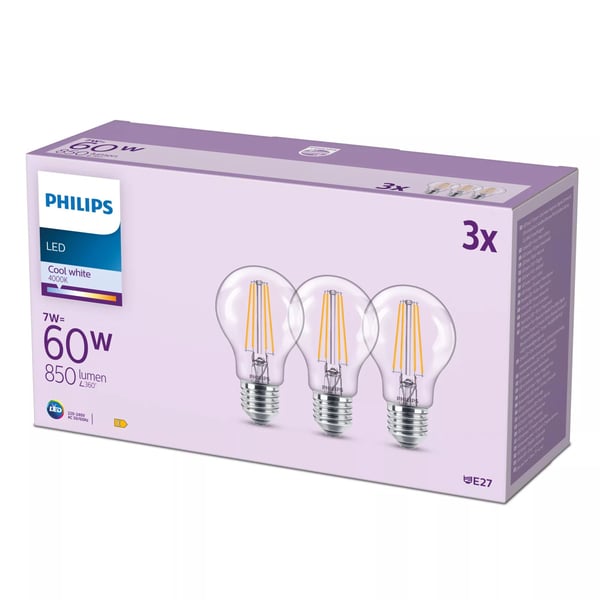 Philips Hehkulankalamppu, kirkas 60W A60 E27 x3, 7 W, 60 W, E27, 850 lm, 15000 h, Viileä valkoinen