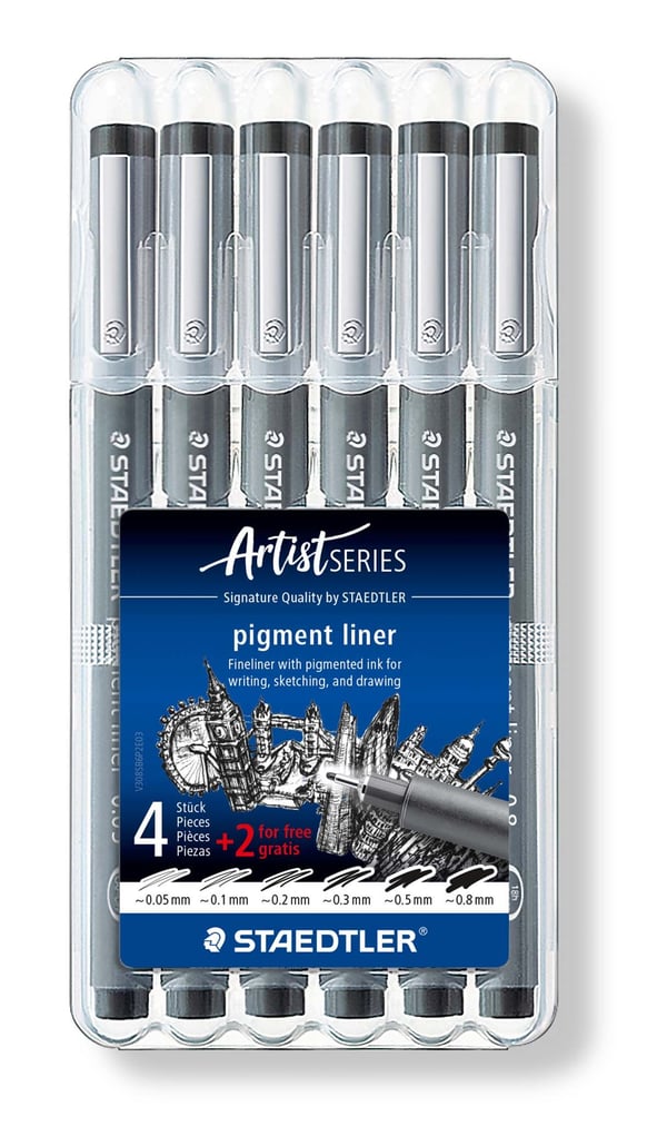 Pigmentliner STAEDTLER® 308 SB6P sort - med 6 stk. ass. størrelser i etui