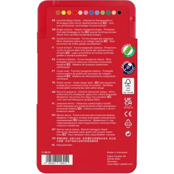 Faber-Castell fargeblyanter, sekskantet form, eske med 12 assorterte farger i en blikkboks