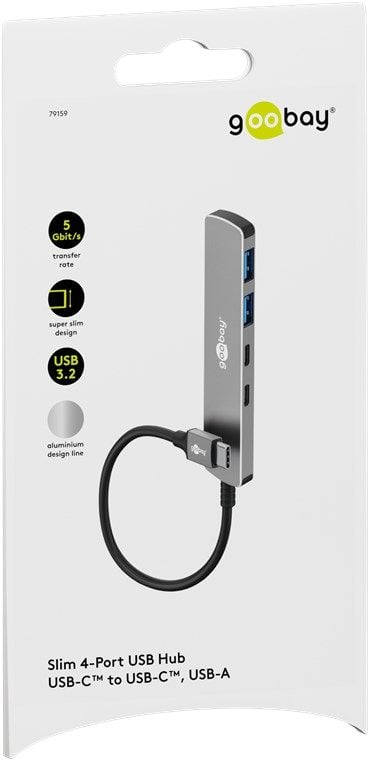 Goobay 79159, USB Typ-C, USB 3.2 Gen 1 (3.1 Gen 1) Typ-A, USB 3.2 Gen 1 (3.1 Gen 1) Typ-C, 5000 Mbit/s, Grå, Aluminium, Plast, 0,1 m