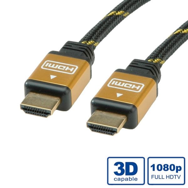 ROLINE 11.04.5506, 10 m, HDMI Type A (Standard), HDMI Type A (Standard), 1920 x 1080 piksler, Svart, Gull