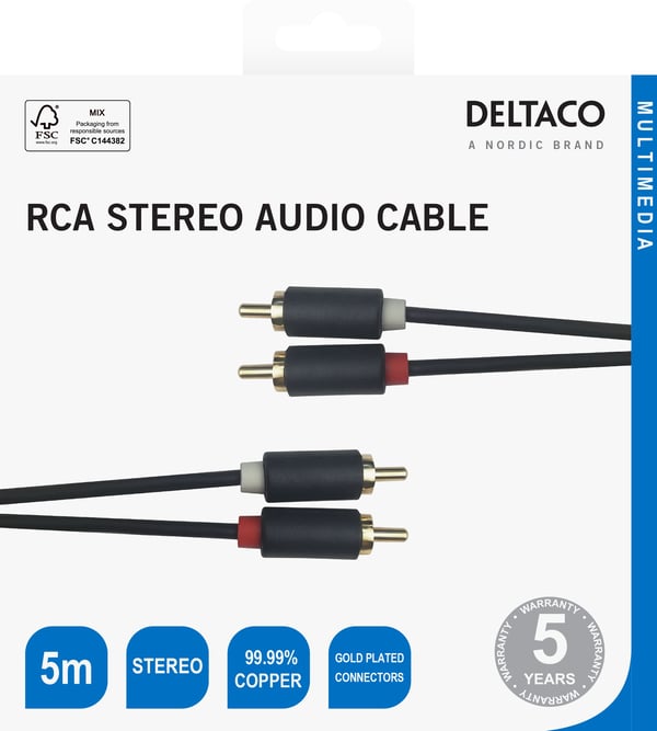 DELTACO - Lydkabel - RCA x 2 hann til RCA x 2 hann - 5 m - svart