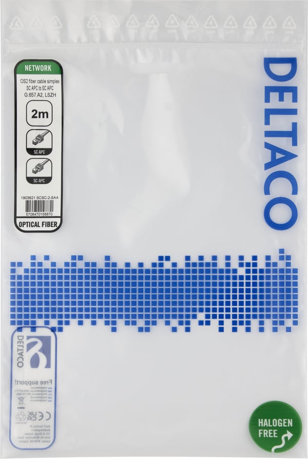 DELTACO - Koblingskabel - SC/APC (hann) til SC/APC (hann) - 2 m - 2 m - fiberoptisk - simpleks - OS2 - halogenfri, toretnings - gul