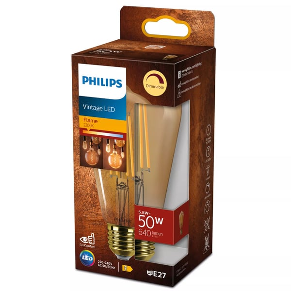 Philips Ljuskälla (dimbar), 5,8 W, 50 W, E27, 640 LM, 15000 h, Flame