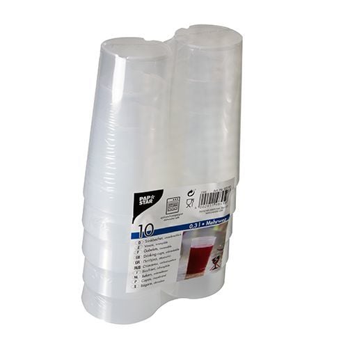 PAPSTAR muovinen juomamuki PP, 0,3 l, läpikuultava, 10 kpl polypropeenista, halkaisija: 70 mm, korkeus: 130 mm, kanssa - 1 kpl (85195)