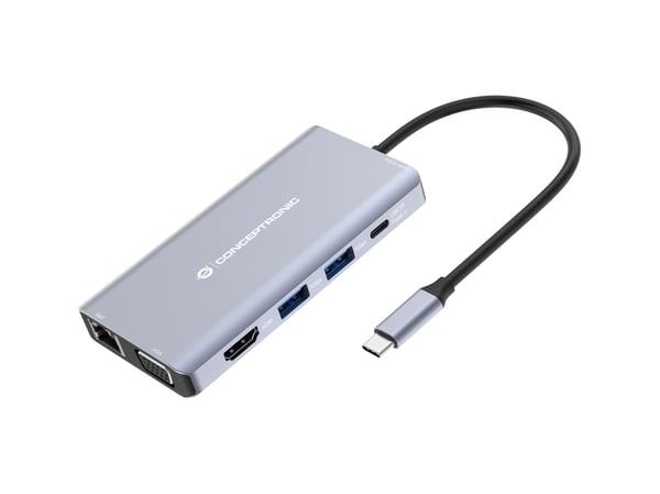 Conceptronic DONN20G, Koblet med ledninger (ikke trådløs), USB 3.2 Gen 1 (3.1 Gen 1) Type-C, 100 W, 3,5 mm, 10,100,1000 Mbit/s, Grå