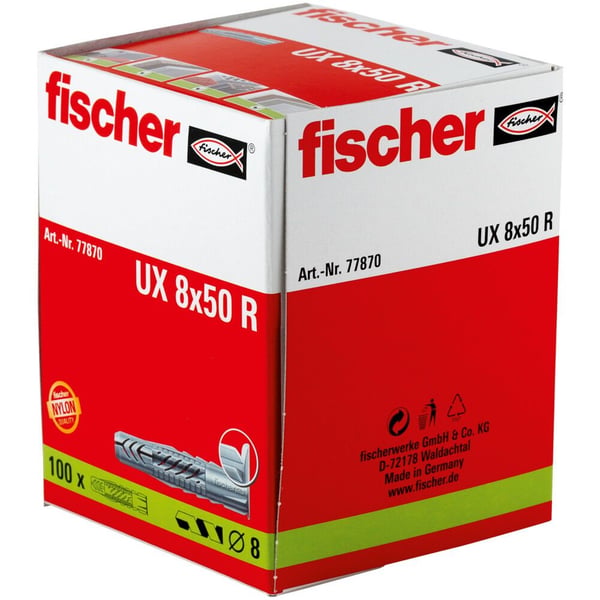 Fischer 77870, Veggplugg, Lettbetong, Murstein, Betong, Gipsblokk, Gipsfiberplate, Gipsplater, Nylon, 8 mm, 50 mm, 8 mm