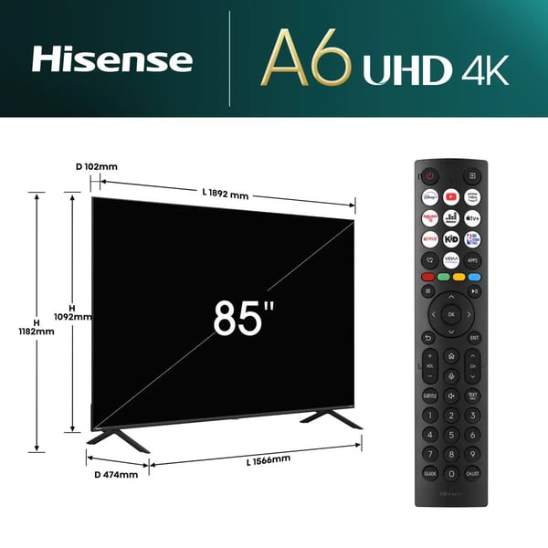 Hisense 85A6N, 2,16 m (85"), 3840 x 2160 pikseliä, DLED, Älytelevisio, Wi-Fi, Musta