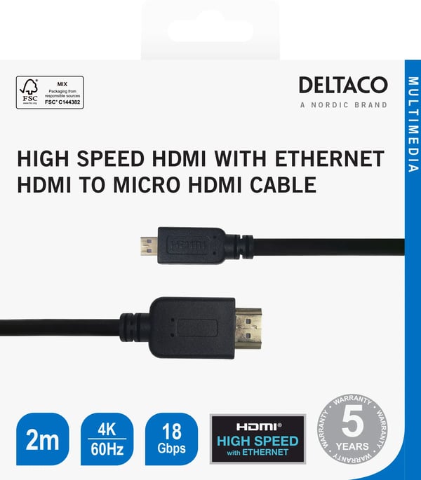 Deltaco High speed HDMI till micro-HDMI-kabel med Ethernet, 2 m, svart, 2 m, HDMI Typ A (standard), HDMI Typ D (micro), 3840 x 2160 pixlar, 18 Gbit...