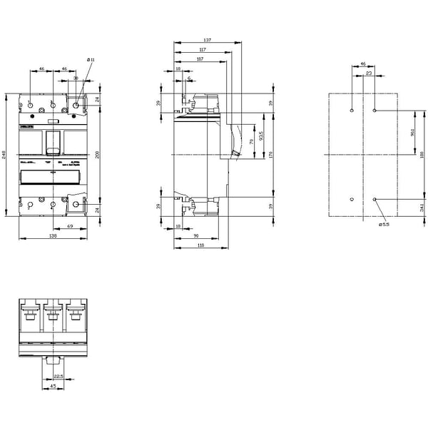 Siemens 3VA1440-5MH32-0AA0 -katkaisija, 1 kpl. Säätöalue (virta): 400 A (maks.) Kytkentäjännite (maks.): 690 V/AC (L x K x S) 138 x 248 x 110 mm, IP40
