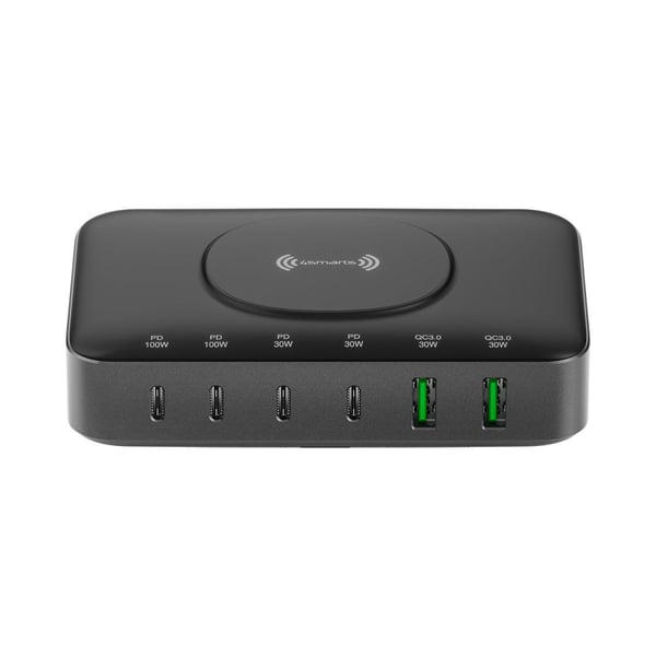 4smarts - Ladestasjon - 7 i 1 - 100 watt - 5 A - PD/PPS, PD 3.0, QC 3.0, HiSilicon Fast Charging, AFC - 6 utgangskontakter (USB-C, USB) - gråsvart