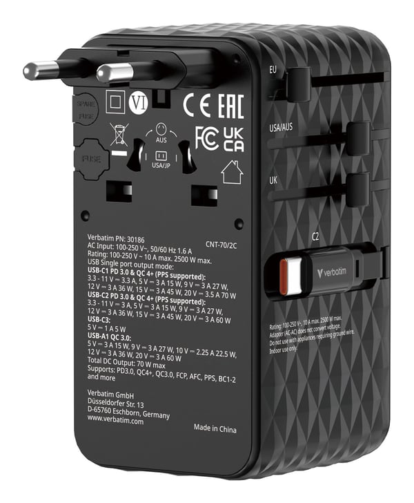 Verbatim 30186 matka-adapteri 70 W Charge 'n' Travel GaN 3 USB-C + 1 USB-A