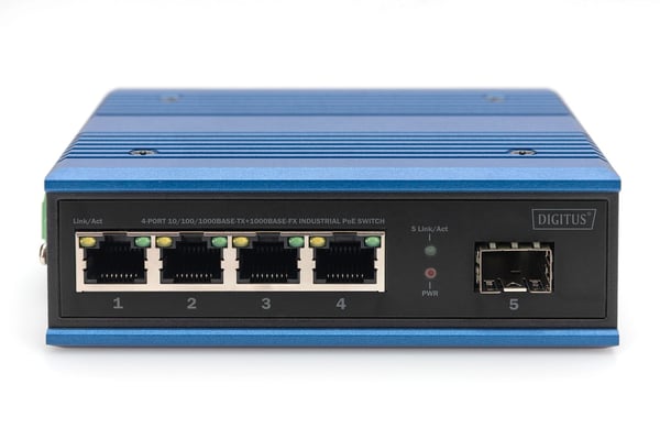 DIGITUS - Switch - industriell - ikke-styrt - 4 x 10/100/1000 (PoE) + 1 x Gigabit SFP (opplink) - DIN-skinnemonterbar - PoE