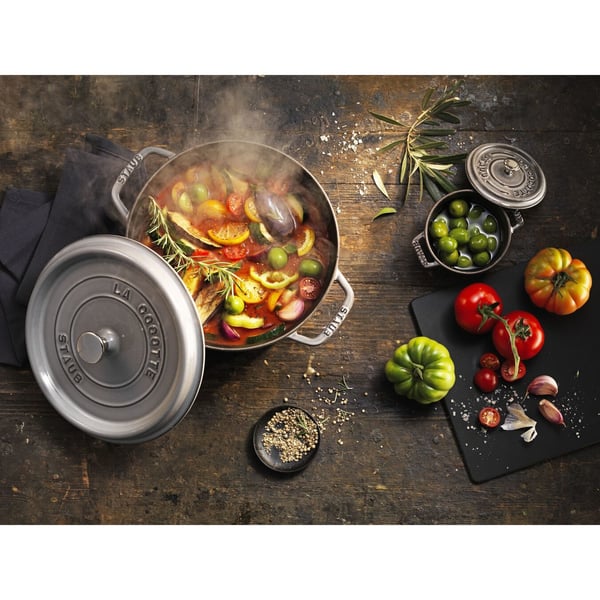 Staub La Cocotte, Stekeform, Rund, Støpejern, Keramisk, Gass, Halogen, Induksjon, Forseglet Plate, Grå, Emalje