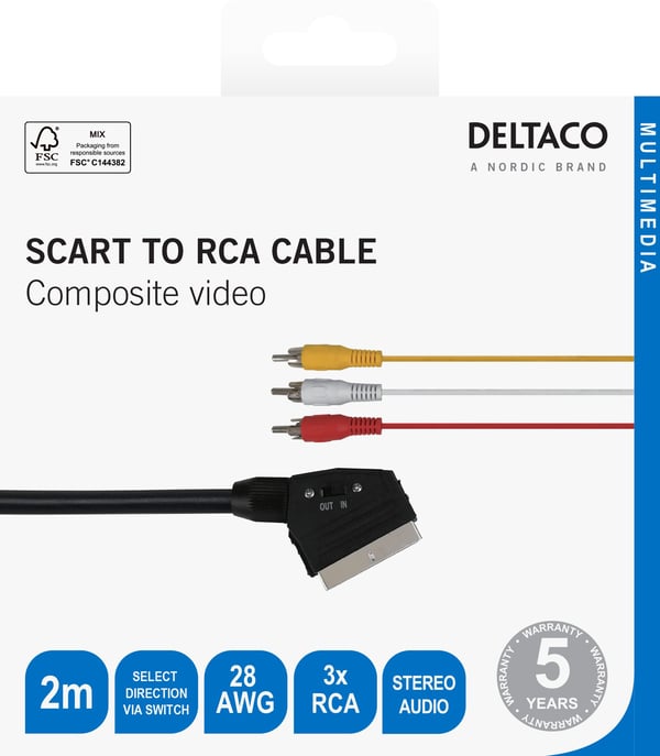 DELTACO - Video/lydkabel - kompositt video - SCART til RCA x 3 hann - 2 m - svart