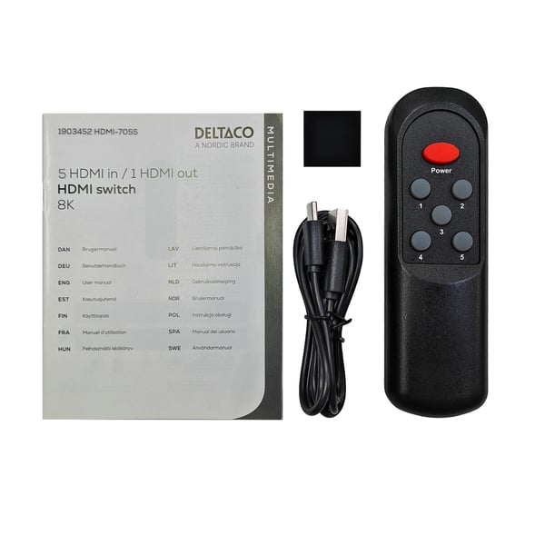 DELTACO - Video-/audiokytkin - 5 tuloa 1 lähtö, 8K@60Hz, kaukosäätimellä - 6 x HDMI - pöytätietokoneet