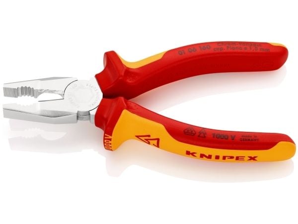 Knipex 01 06 160, Kombinasjonstang, Støtbestandig, Dielektrisk, Kromvanadiumstål, Plast, Oransje, Rød, 55 mm