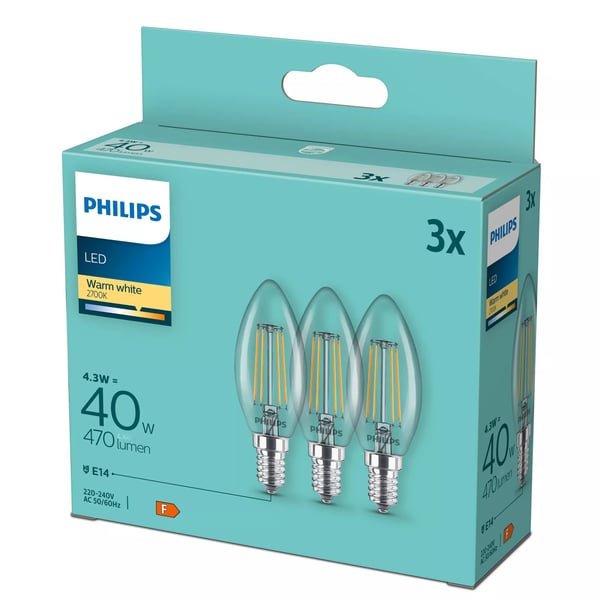 Philips - LED-filamentlyspære - form: B35 - klar finish - E14 - 4.3 W (ekvivalent 40 W) - klasse F - varmt hvitt lys - 2700 K (en pakke 3)