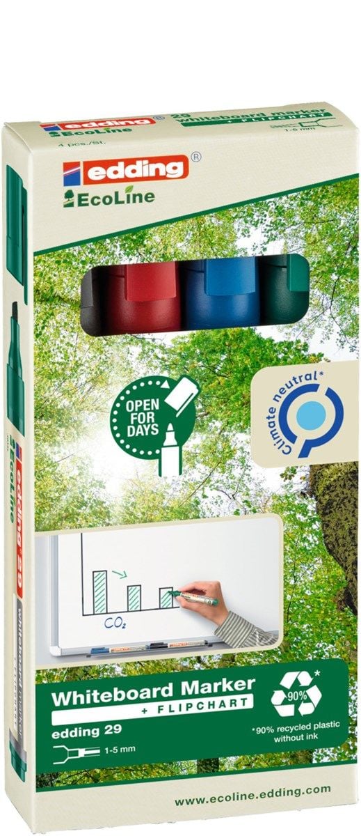 Whiteboardpenna edding 29 EcoLine blandad. 1-5 mm sned spets - med 4 st.