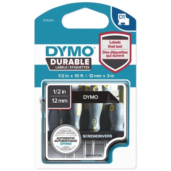 Tekstbånd, Dymo Durable D1, 12 mm x 3 meter, hvit/svart Tekstbånd, Dymo Durable D1, 12 mm x 3 meter, hvit/svart
