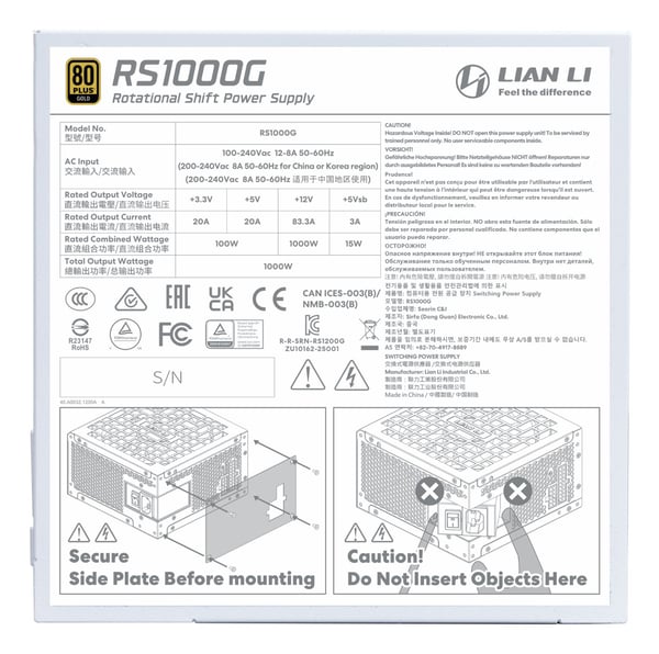 Lian Li RS-sarjan 80 PLUS Gold -virtalähde, ATX 3.1, modulaarinen - 1000 wattia, RS (G9P.RS1000G.WH00.EU)