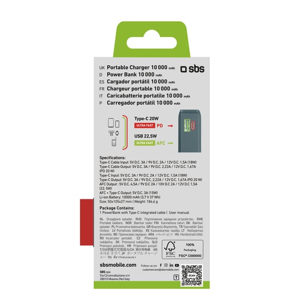 Powerbank SBS 10000mAh, 20W, LCD, integrert kabel, Lyseblå