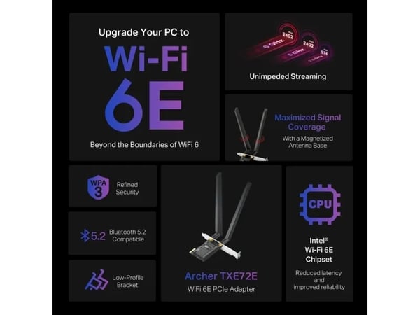 TP-Link Archer TXE72E, Intern, Trådlös, PCI Express, WLAN / Bluetooth, 2402 Mbit/s, Svart